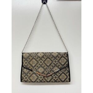 Poppie Jones Woven Rattan Black /Tan/ Purse Bag Clutch Silver Chain Snap Closure